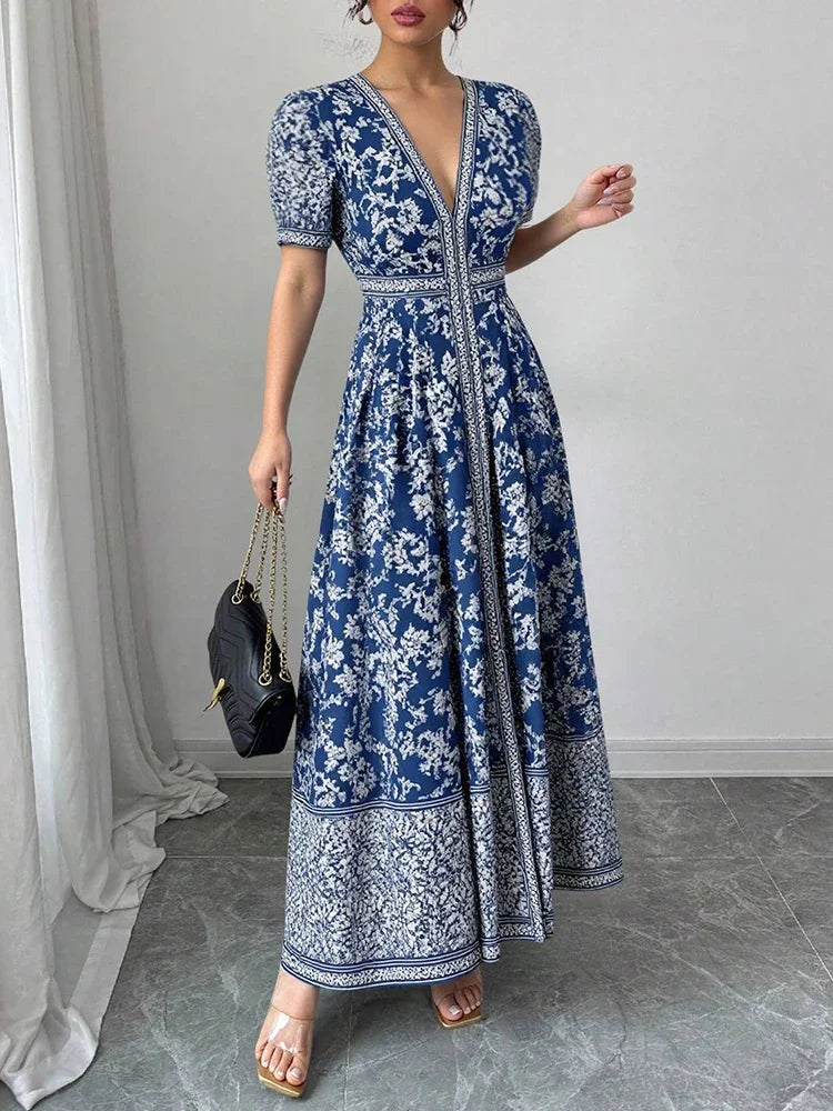 Rafiah Boutique Women's Even Dress 2025 Summer Modest Fashion Short Puff Sleeve V-Neck Chinese Style Graphic Printing Long Dress