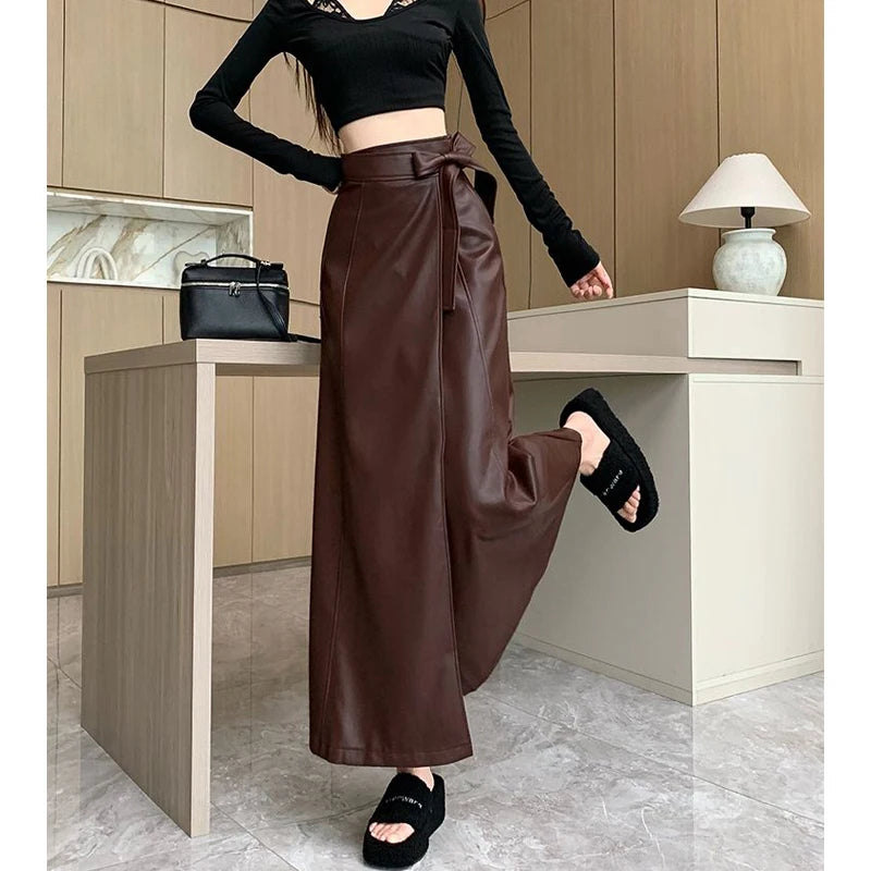 Women Clothing Autumn Winter Vintage Elegant Lace-up PU Leather Long Skirts Female Red High Waist Slim A-line Maxi Skirt Faldas