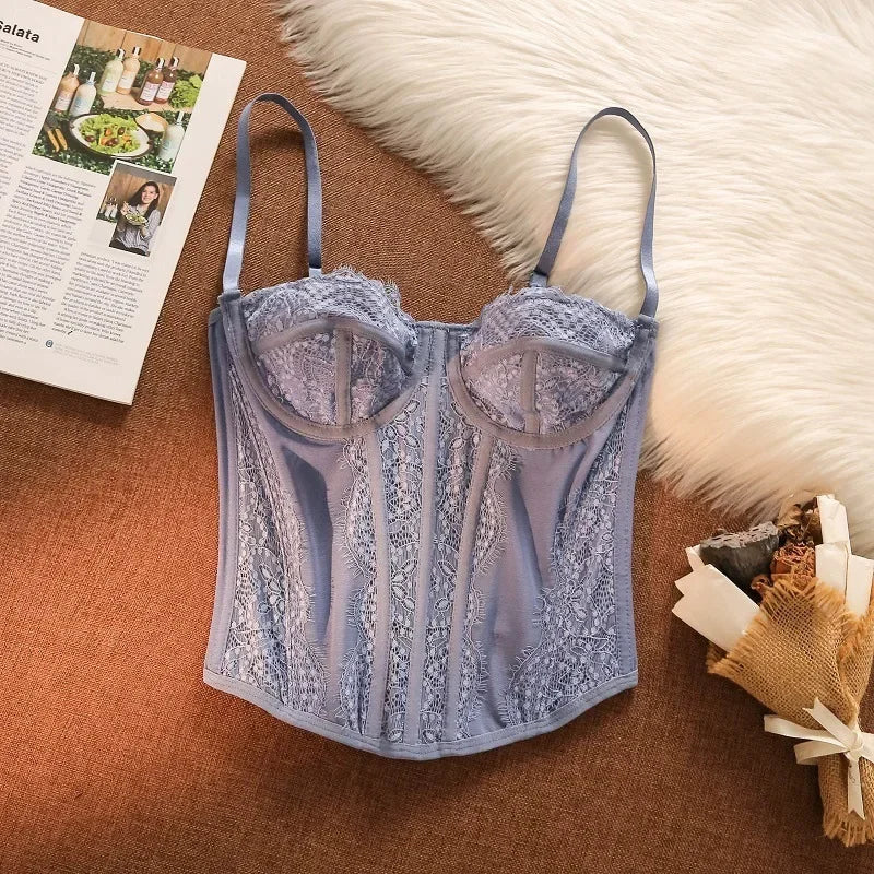 Sexy Gathered Tight Fitting Corset Top Lace Trimmed Transparent Pure Desire Tank Top Polyester Fiber Material From China Mainlan