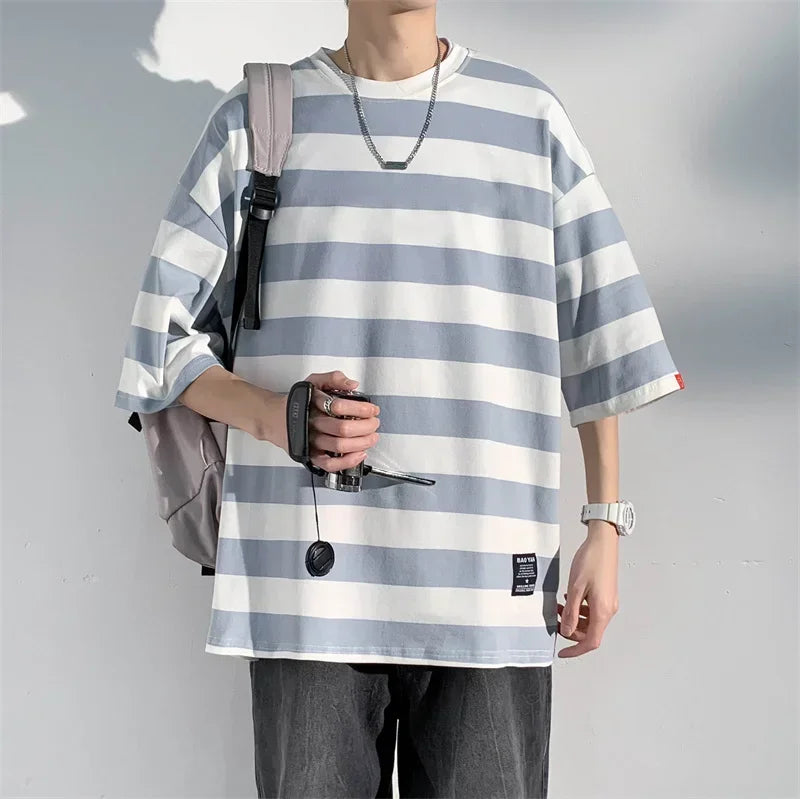 Men's Cotton T-shirt Striped Mens Oversized T Shirts Split Hem Fashion Tee Shirts Casual Wear Summer Tshirt 5XL Big Size for Man