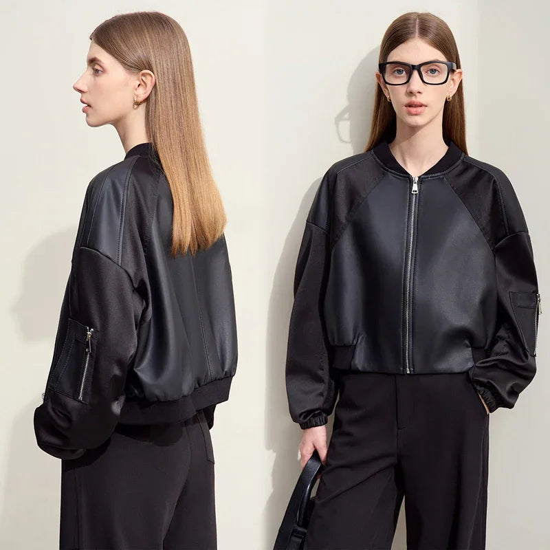 Amii Minimalism PU Leather for Women 2024 Autumn New Casual Handsome Baseball Collar Zipper Short Retro Female Jacket 12423080