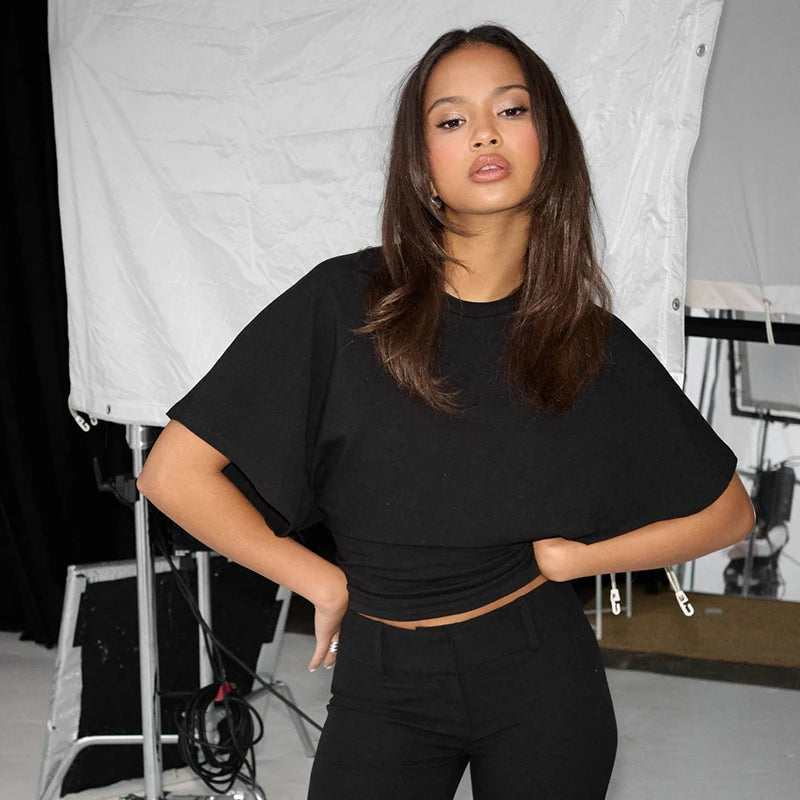 CUTENOVA Women'S Summer Loose Short-Sleeved T-Shirt Tops Waist Slimming Sweet And Hottie Design Sense Positive Shoulder Top