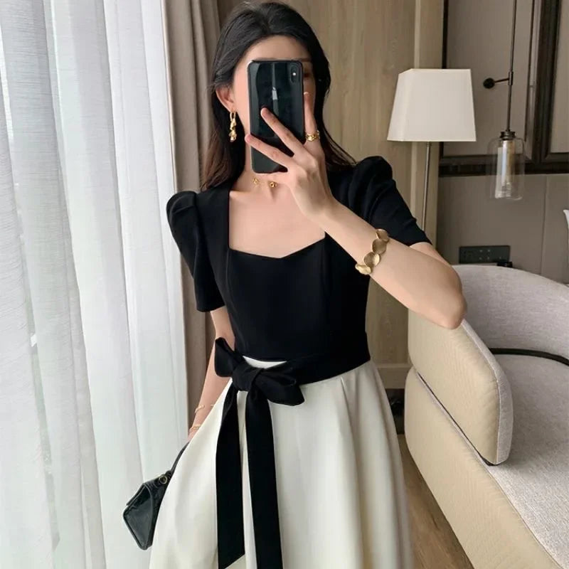 Elegant High-waisted Slimming Black Square Collar Long Dress 2024 New Style Vintage French Fashion For Women