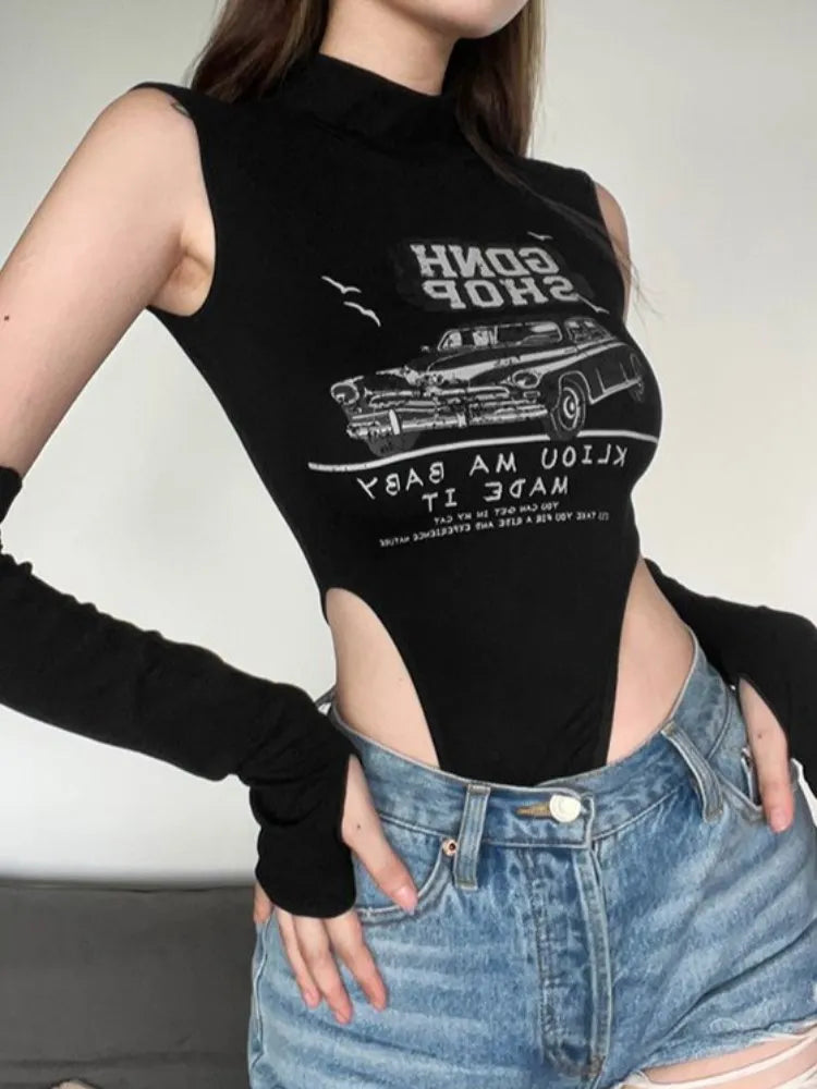 Summer American Retro Sexy Punk Y2K Grunge Cartoon Letter Printing Bodysuit Women Streetwear Slim Vest Bodycon Tops Jumpsuits
