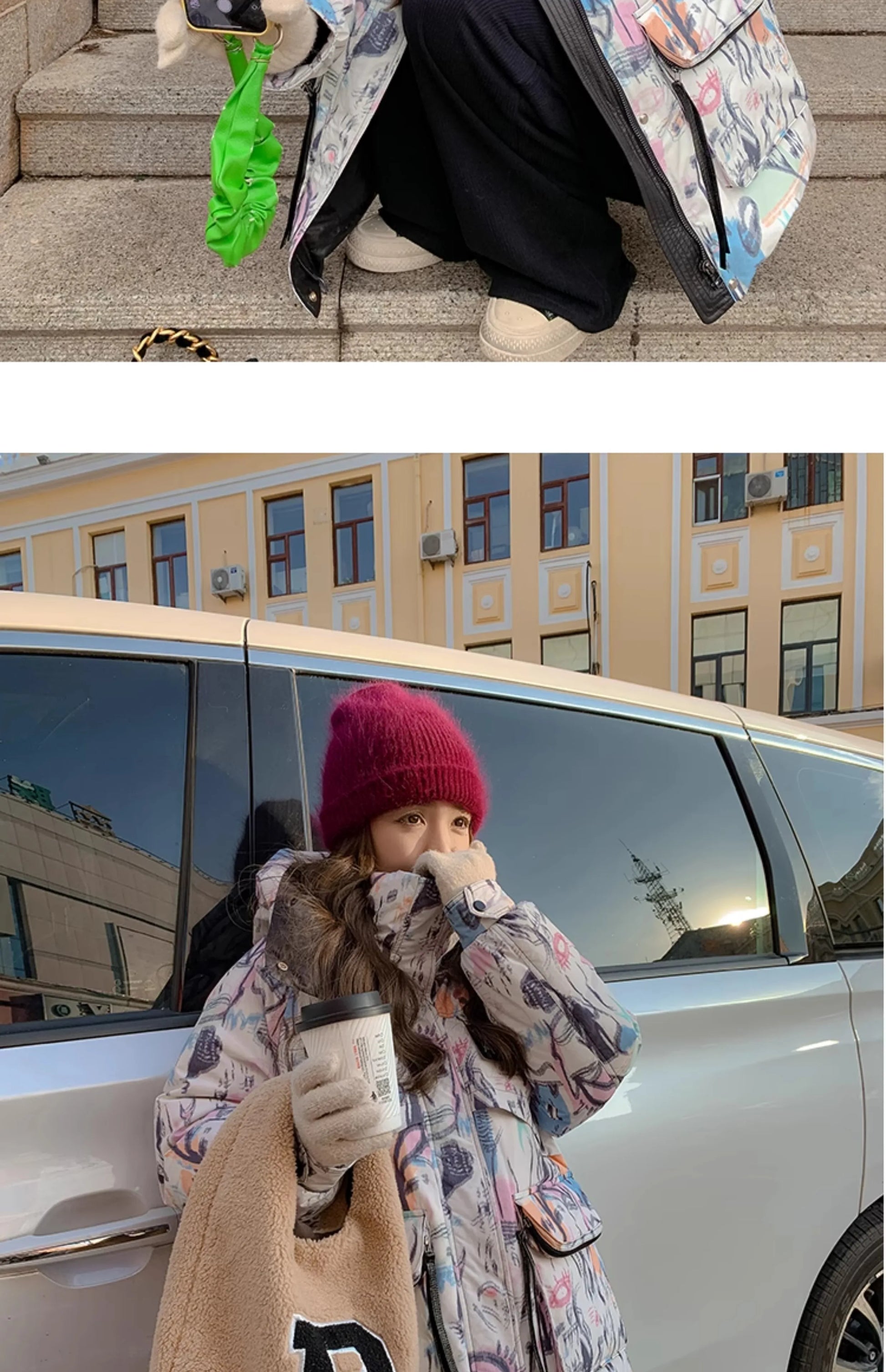 Down Jacket Fashion Short Women's Autumn and Winter Thickened Warm Windproof Warm Loose Hooded Straight Cartoon Anime Print 1Pc