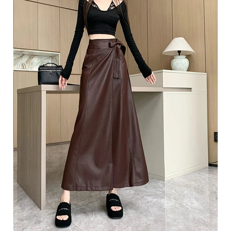 Women Clothing Autumn Winter Vintage Elegant Lace-up PU Leather Long Skirts Female Red High Waist Slim A-line Maxi Skirt Faldas
