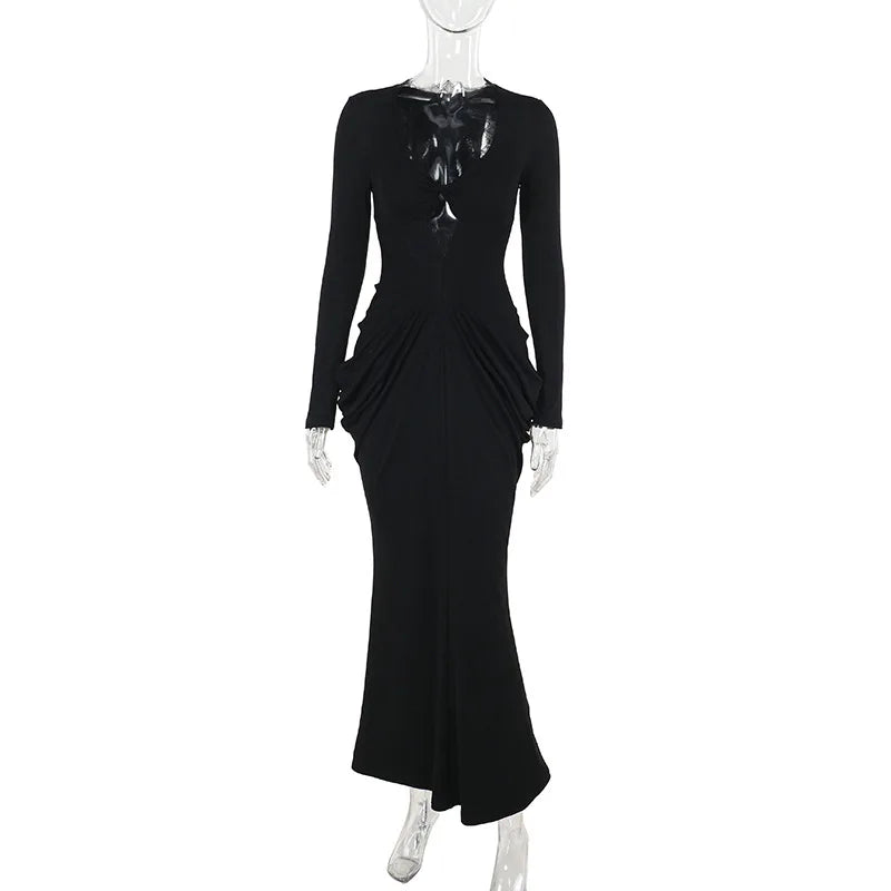 AltGoth Fairycore Grunge Elegant Midi Dress Women Mall Gothic Sexy Lace Patchwork Hollow Out Long Sleeve High Waist Corset Dress