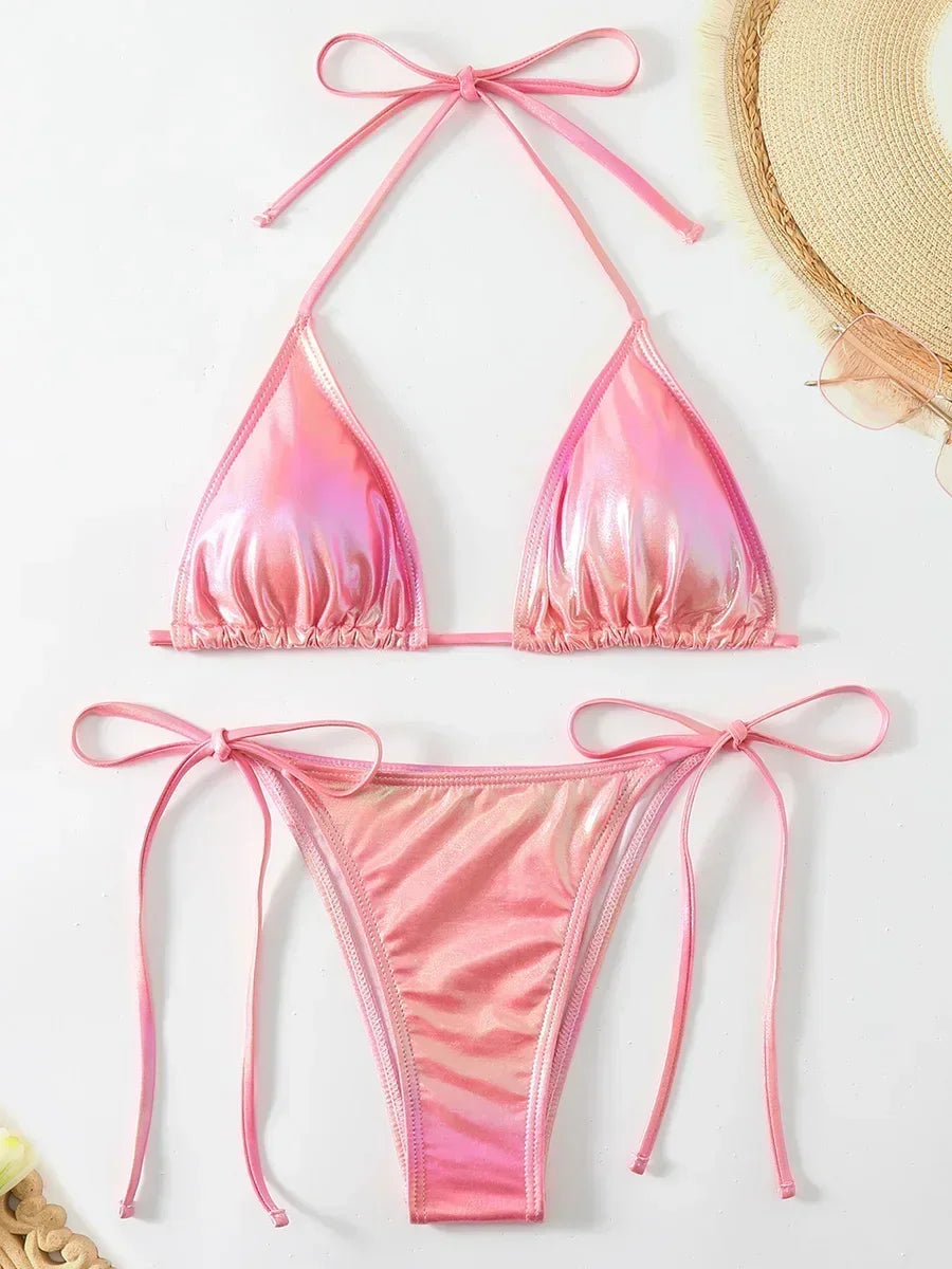 Sexy Shiny Pu Faux Leather Bikini 2025 Women Swimwear Female Swimsuit Two-pieces Bikini set String Bather Bathing Suit Swim Lady