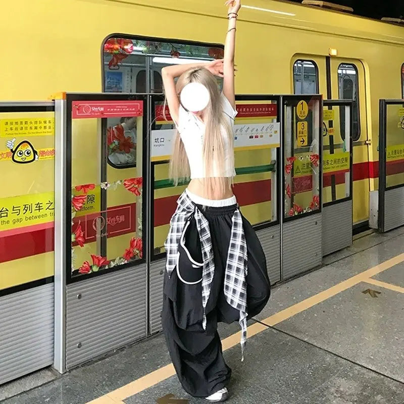 Y2K Black Cargo Pants Women Streetwear Plaid Patchwork Baggy Sweatpants Harajuku Wide Leg Joggers Summer Korean Casual Trousers