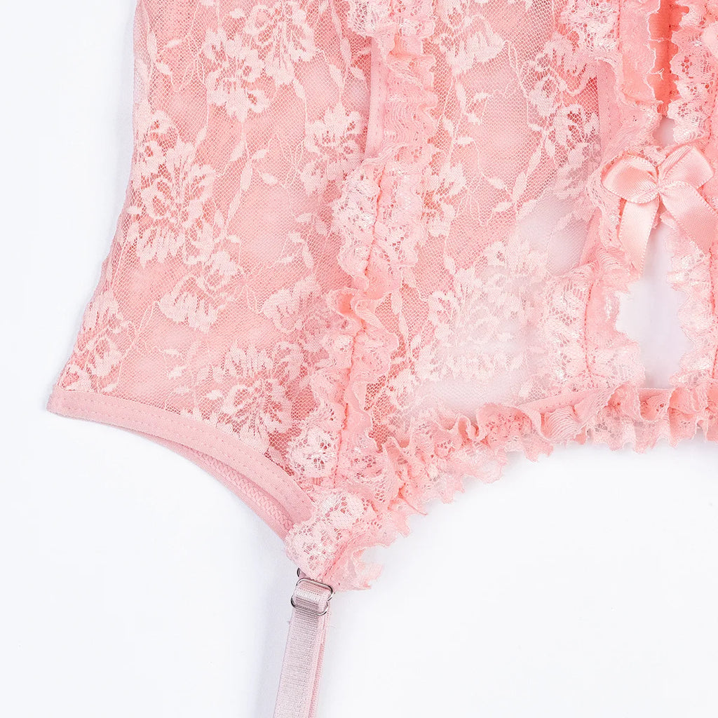 Sheer Pink Lingerie Set Frilled Lace Bralette Transparent High Waist Panty Garter Belt Bridal Romantic Seductive Underwear Women