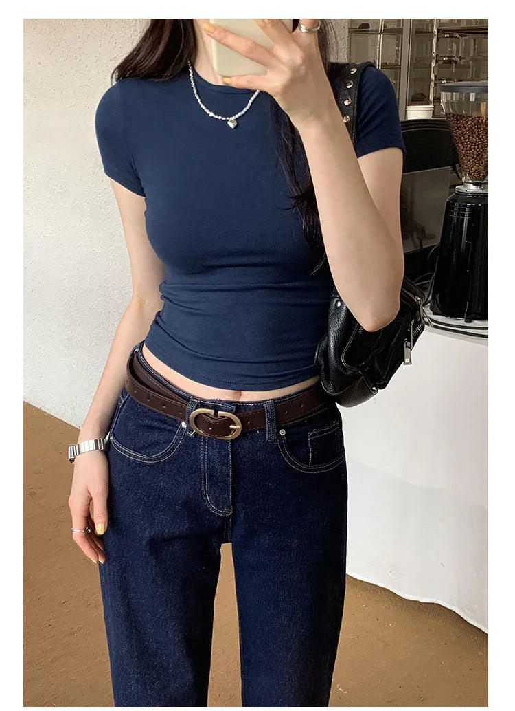 Basic Solid Crop Top Short Sleeve Crewneck Skinny T-shirt Summer Casual Tee for Women y2k Vintage Top Harajuku Streetwear
