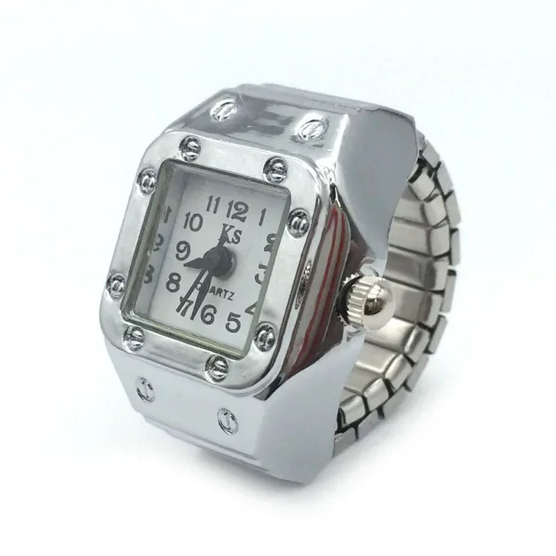 Colorful Watch Ring Women Men Retro Sliver Pointer Quartz Clock Finger Rings Punk Alloy Strap Watches Jewelry Accessories
