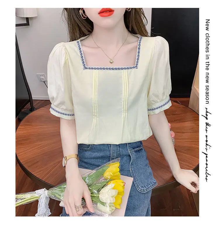 Women Clothing Summer Korean Fashion Embroidered Solid Color Square Collar Puff Sleeve Femme All-match Pleated Short Sleeve Tops