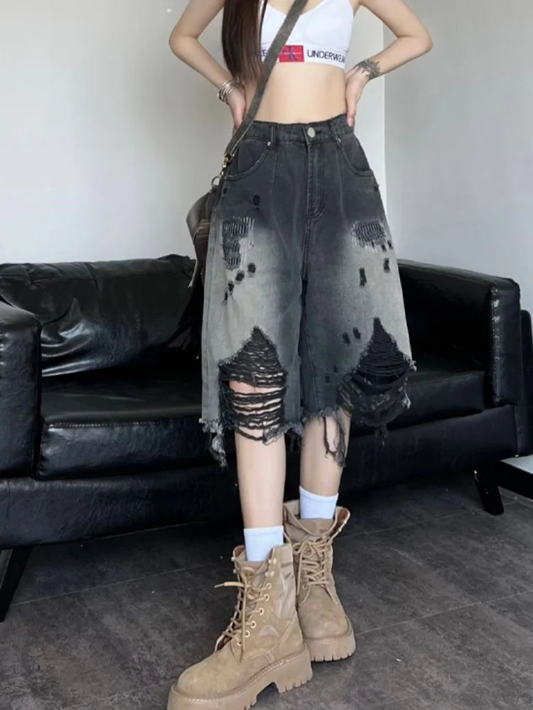 Zoki Harajuku Hole Y2K Denim Shorts Women Streetwear Vintage Gradient Jeans Shorts American Retro Bf Hip Hop Design Shorts New