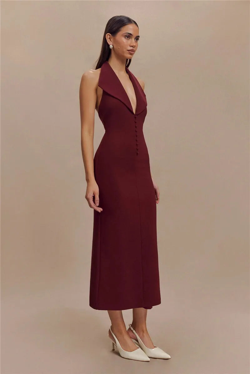 Mozision Halter Deep V Neck Sleeveless Sexy Maxi Dress For Women Elegant Backless Bodycon Tank Dress Femme Fashion Long Dress