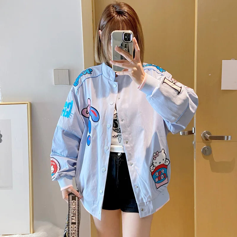 Cartoon Hellokitty Y2k Baseball Jacket Button American Retro Coats Embroidery KT Cat Harajuku Jacket Women Oversized Coat