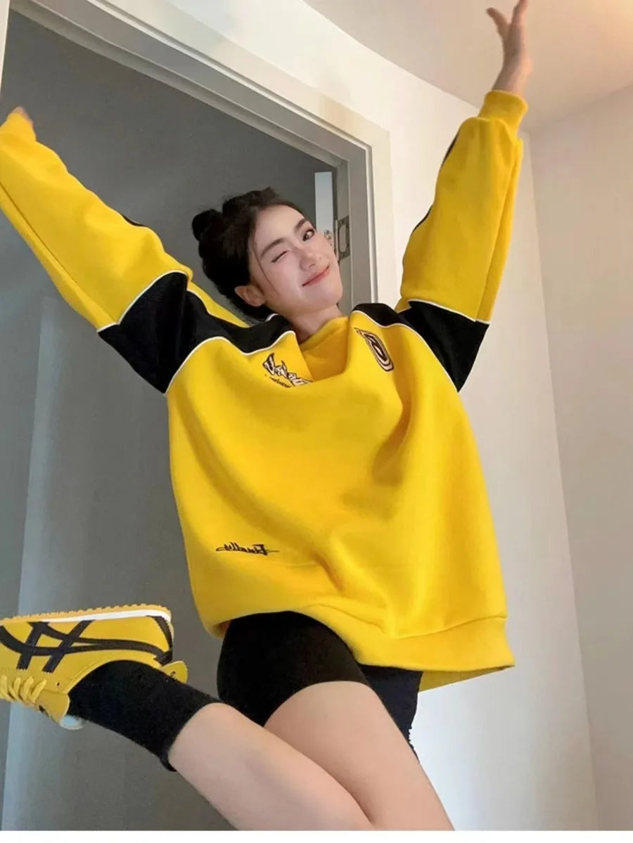 New American Retro Street Brand Color Matching Casual Color Matching Sweater Male Loose Couple Long Sleeve Racing Jacket Female