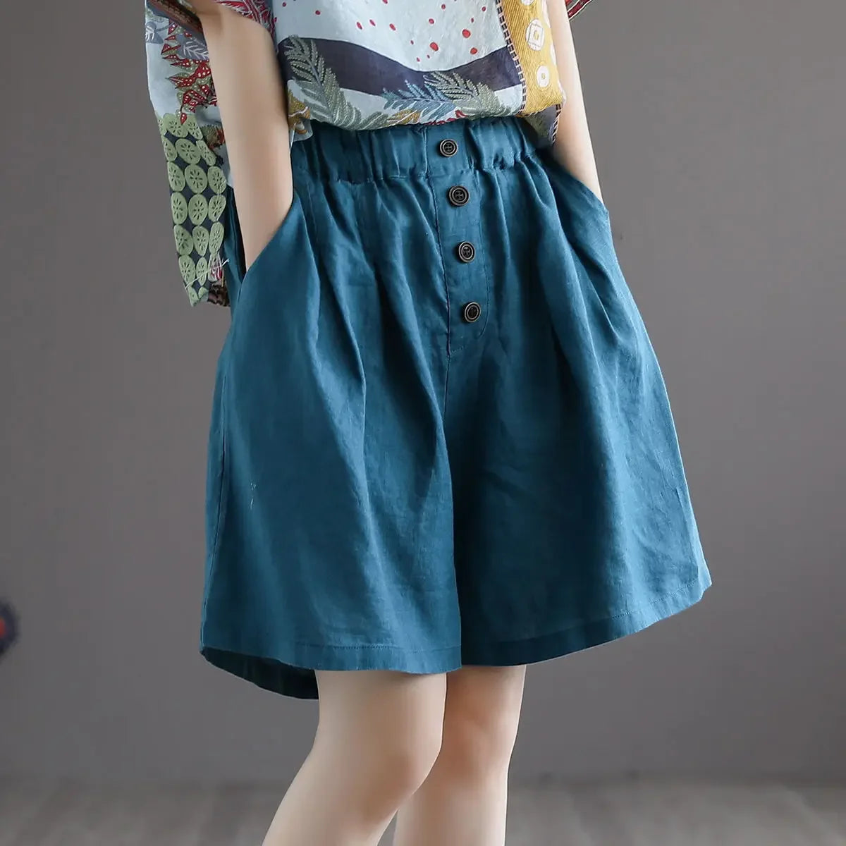 Vintageartistic High-waisted Slimming Cotton Linen Shorts For Women Casual Loose-fit Bell Bottoms 2024 New Style