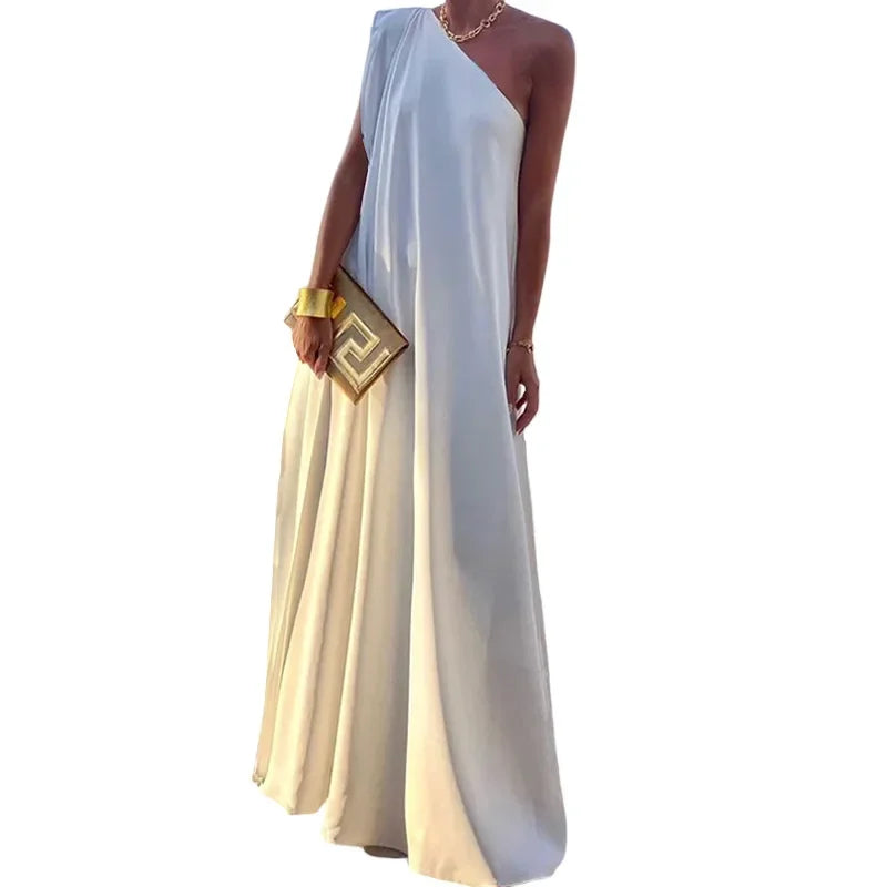 2024 Spring New Women's Fashion One Shoulder Solid Color Sleeveless Banquet Gown Long Dress Vestidos De Mujer