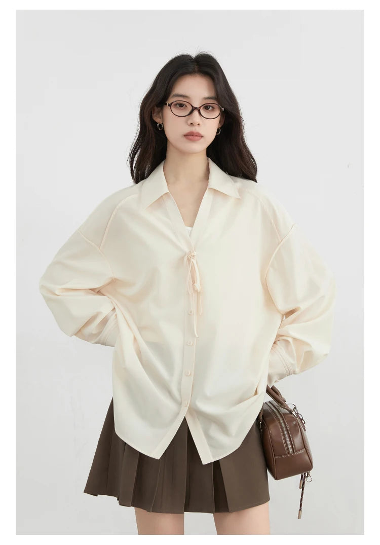 CHIC VEN Women Shirt Loose Casual Solid New Lapel Tie Design Sun Protection Blouses Long Sleeved Female Coat Summer 2025
