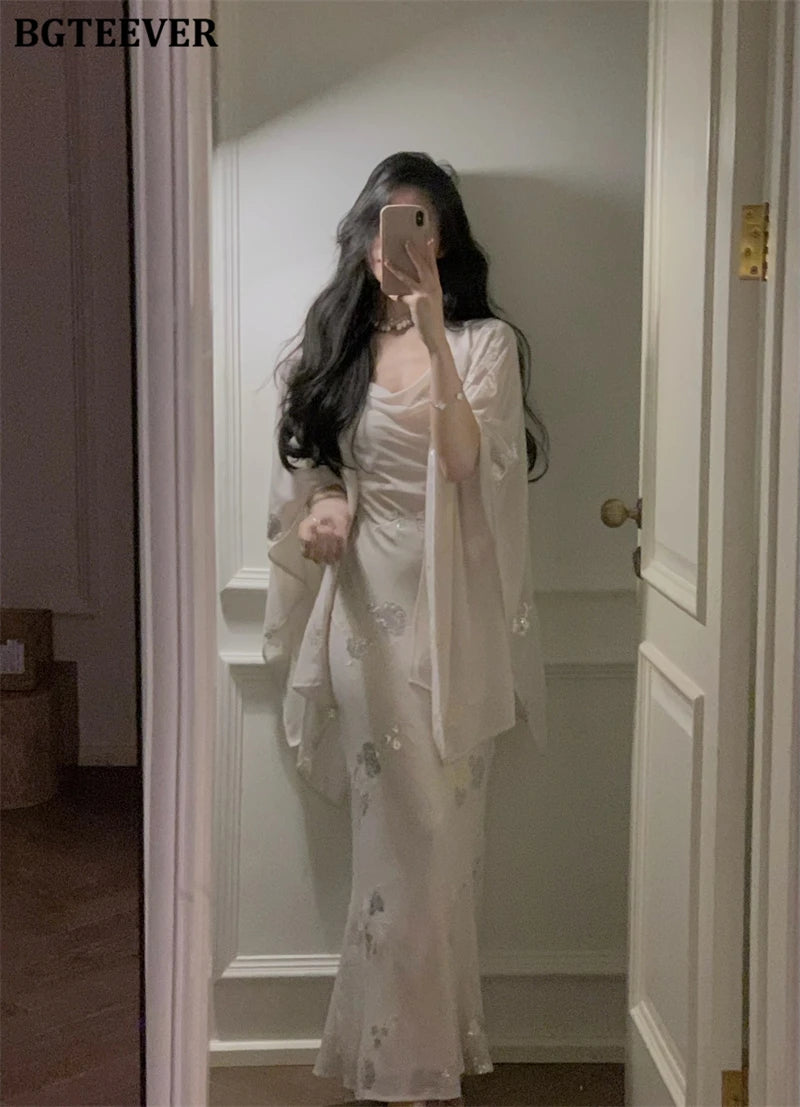 BGTEEVER Autumn Winte Slim OL Embroidery Set Long Sleeve Cardigans & Spaghetti Strap Package Hip Dress Ladies 2 Pieces Set