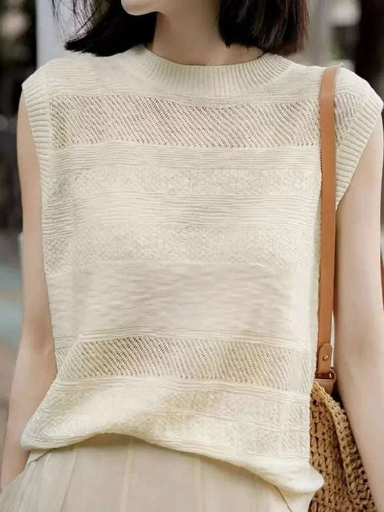 Women's Fashion Sleeveless Tees ONeckPullover Summer Worsted Wool Top Hollow Out T-Shirts Simple Elegant And Smooth Cool Comfort