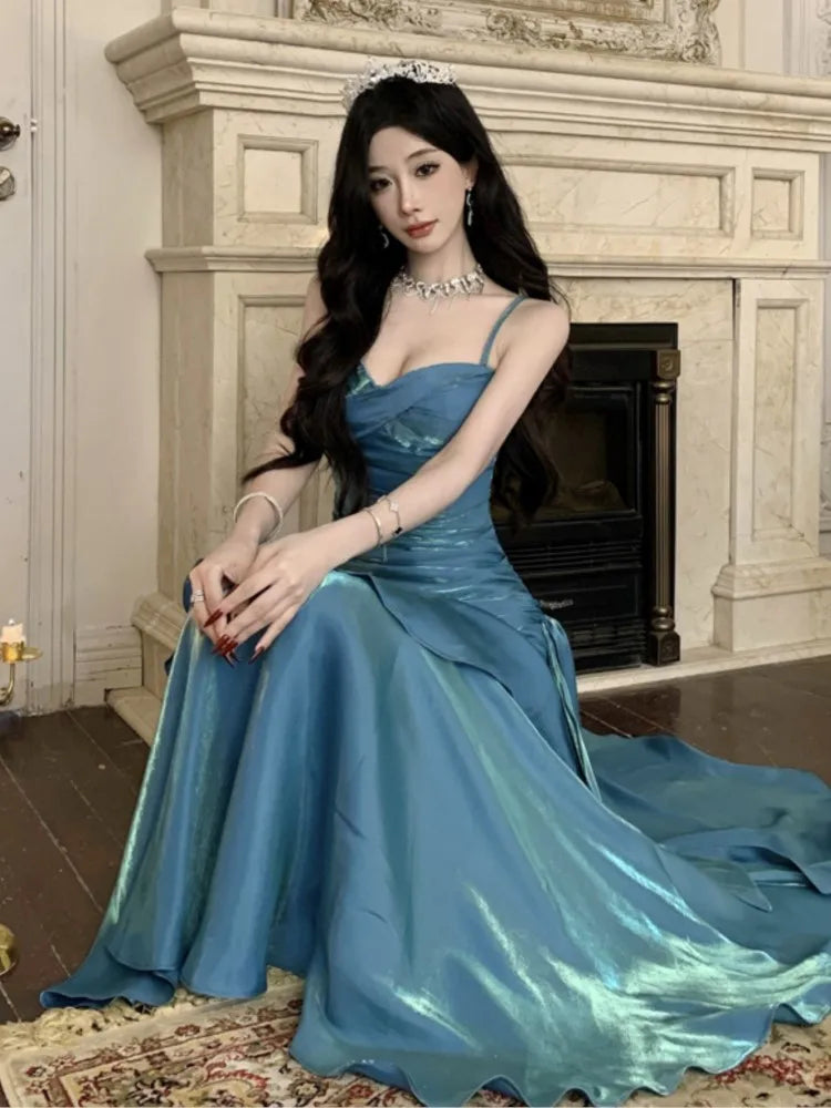 Sexy Shiny Glitter Mermaid Evening Party Prom Gowns Spring Summer Spaghetti Strap Ruffled Dresses Sleeveless Slim Waist Robe