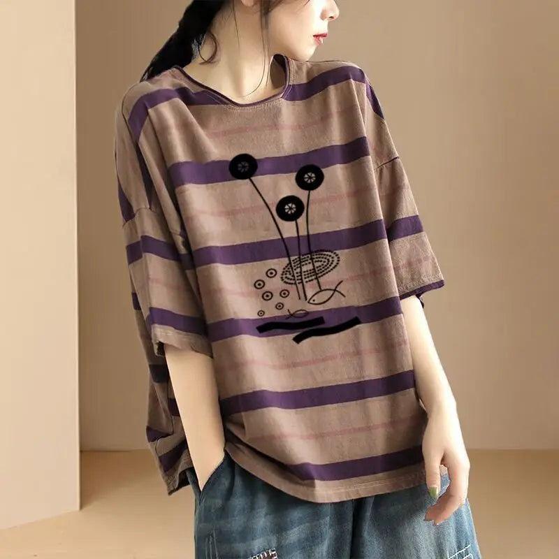 Contrast Color Striped Short-sleeved T-shirt for Women 2025 Summer New Loose Plus Size Top