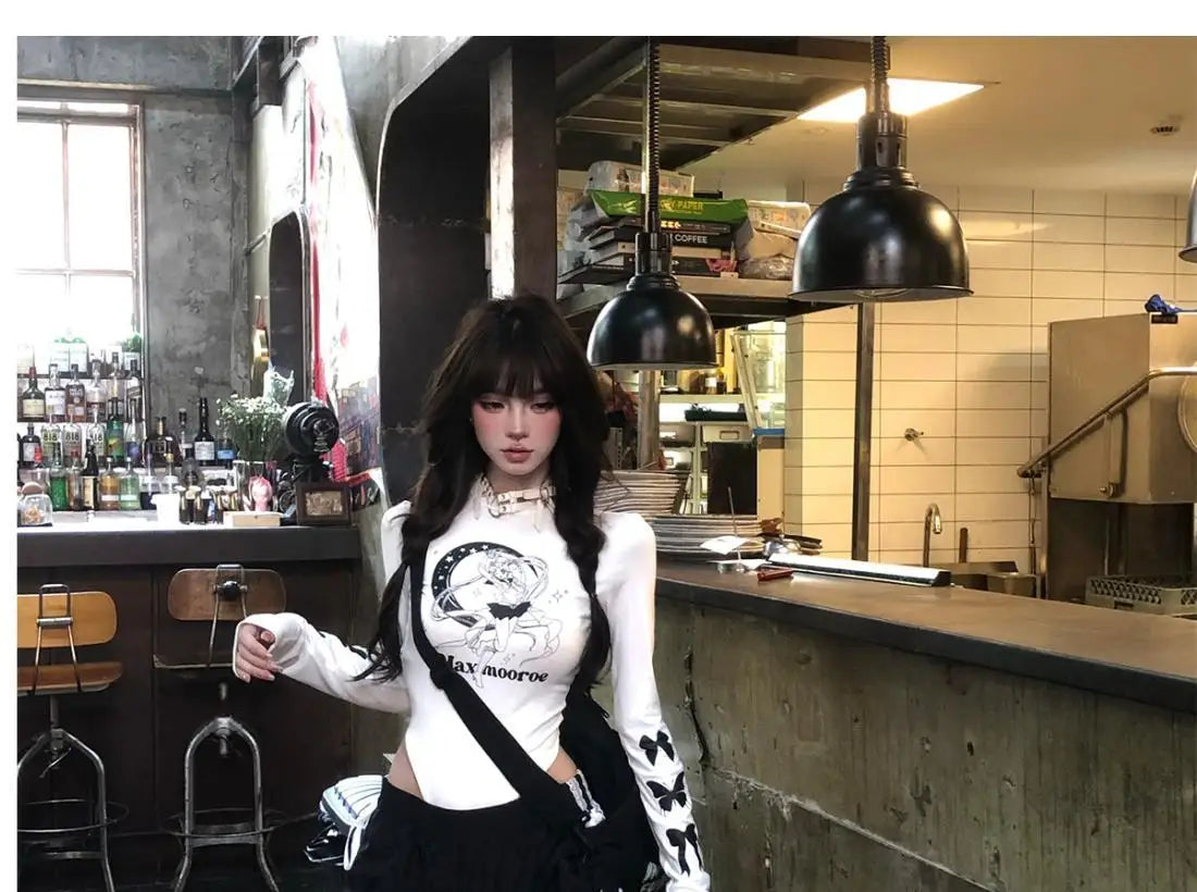 Dophee Original Spice Girls Elastic Waist All-match Loose Straight Wide Leg Pants Cute Bow Printed Splicing Lace Casual Trousers