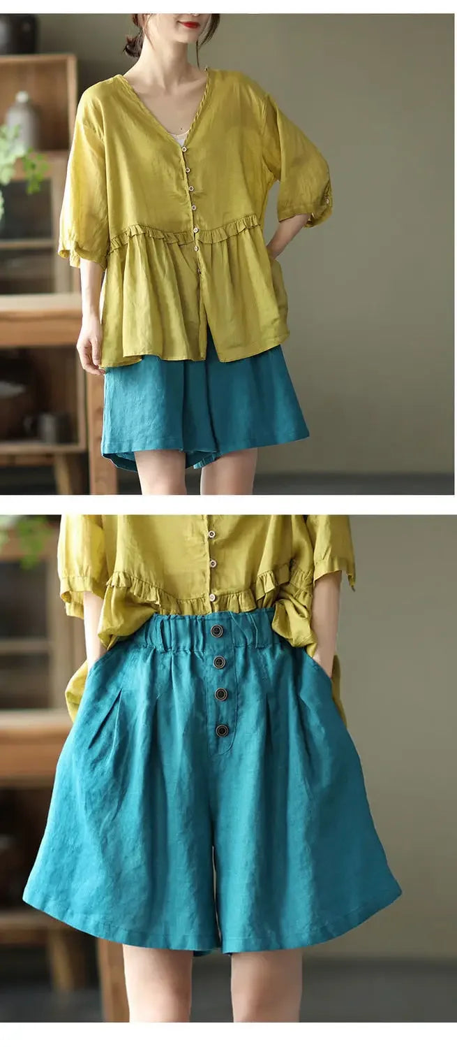 Vintageartistic High-waisted Slimming Cotton Linen Shorts For Women Casual Loose-fit Bell Bottoms 2024 New Style