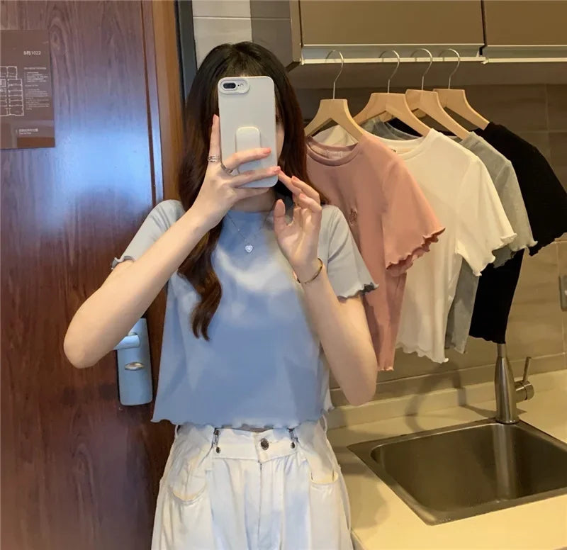 Summer Embroidered Short T-shirt Women Wooden Edge Irregular Slim Short Sleeve Top Plant Pattern Fiber Fabric Elegant Style