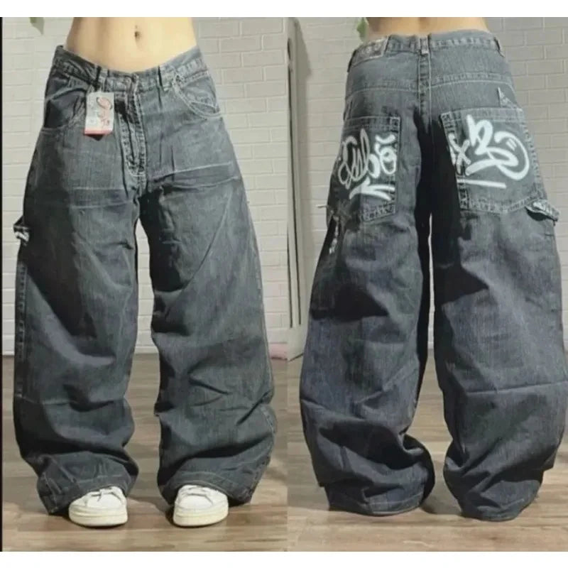 American New Fashion Letter Embroidery Stitching Old Baggy Jeans Women Y2K Harajuku  Popular High Waist Wide Leg Trousers