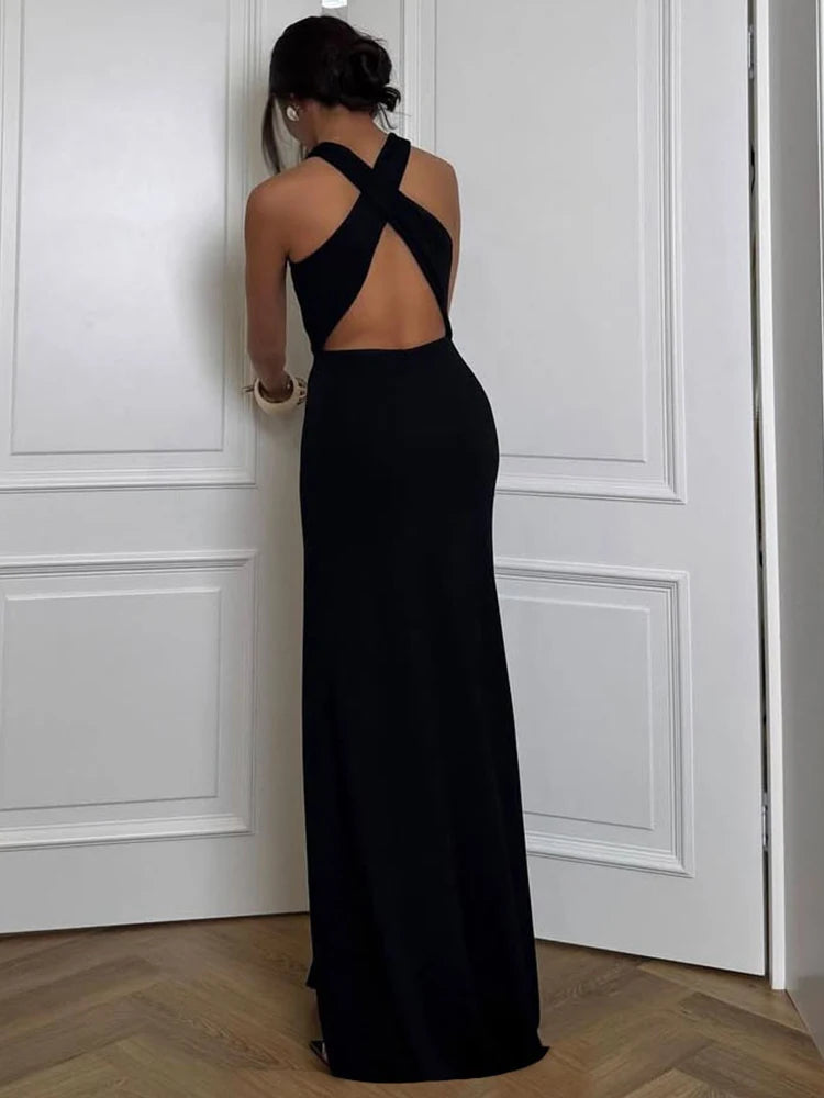Nibber High Splits Maxi Dress Women Sexy Backless Irregular Hollow Cross Knot Skinny Midnight Prom Party Temperament Outfits