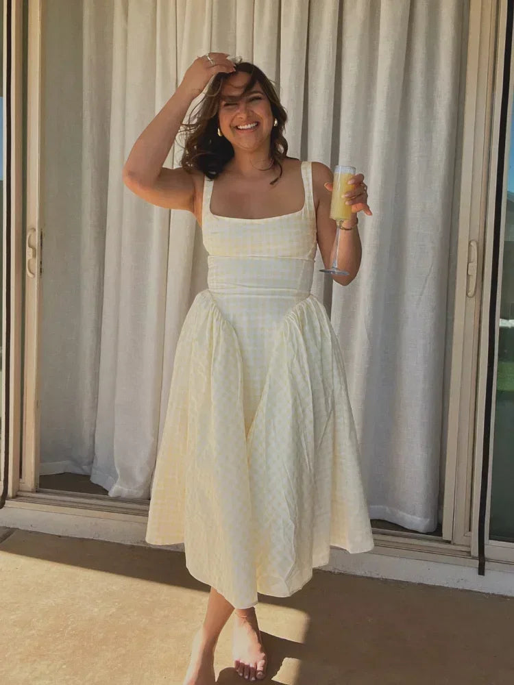 Women Fashion Plaids Pleated High Waist A-line Dress Elegant Sleeveless Backless Slim Long Dresses Summer New Party Streetwear