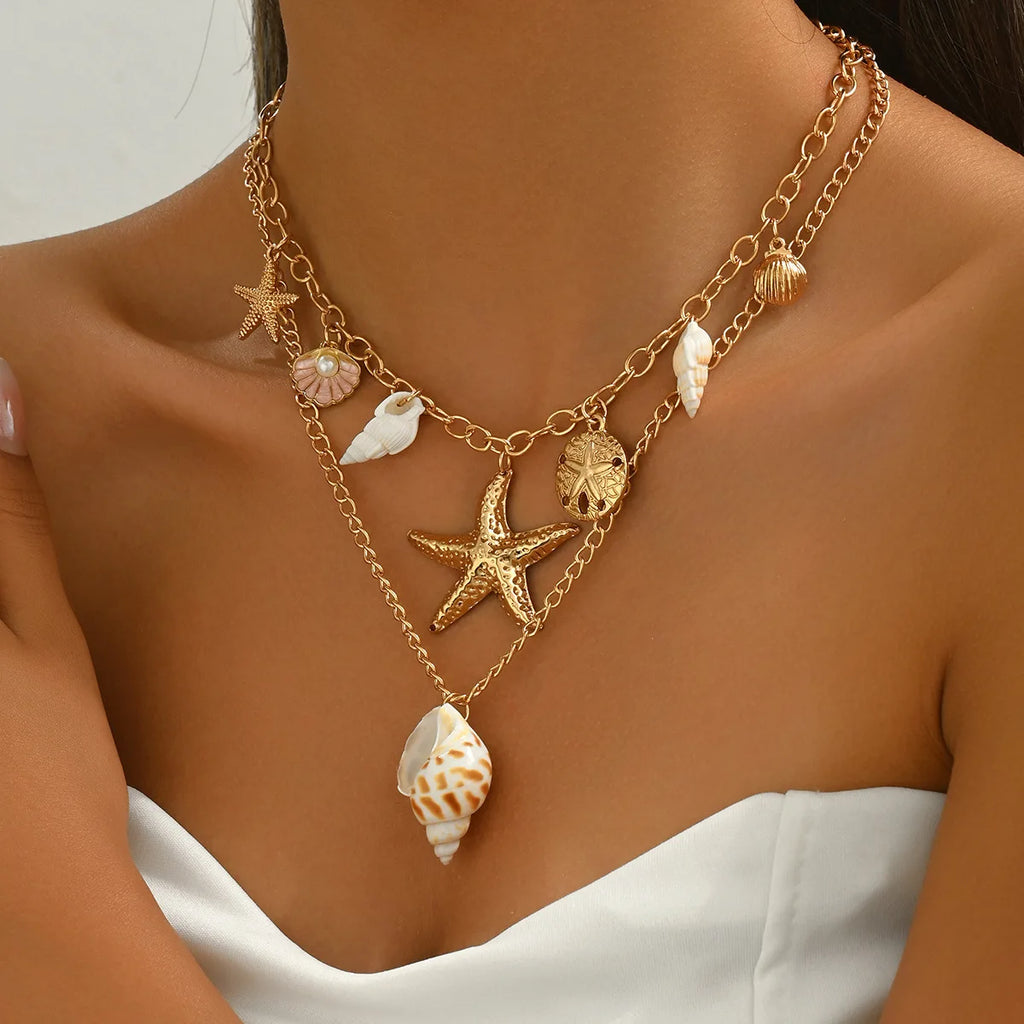 MHS.SUN Summer Shell Starfish Conch Pendant Necklace for Women Bohemian Metal Gold Color Chic Beach Jewelry Vacation Party Gift