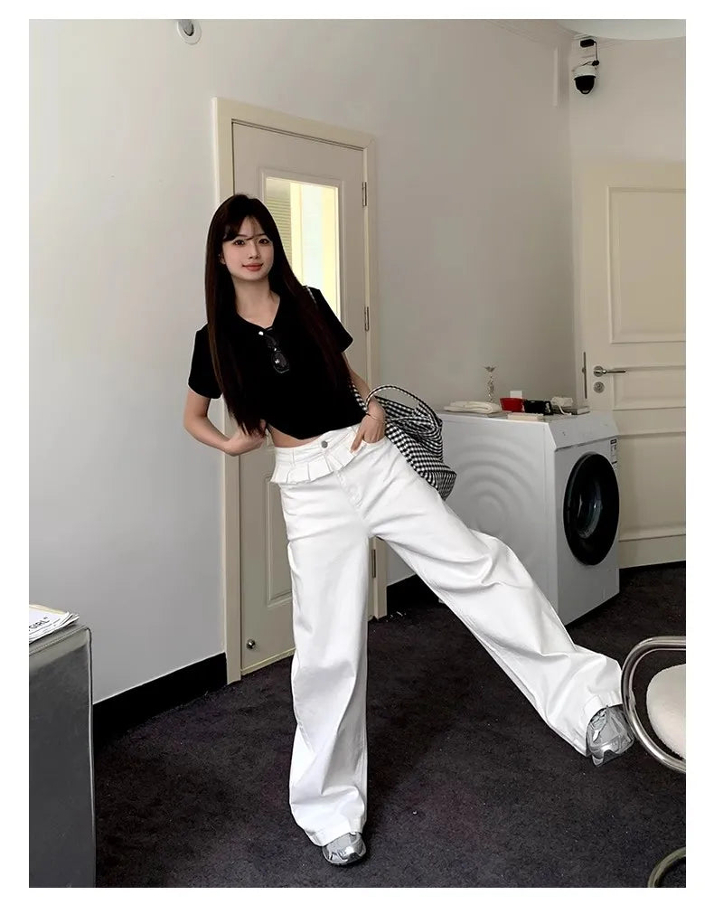 Casual Patchwork Pleated Wide Leg Pants Loose Solid High-Waisted Straight Pants Women Fashion Streetwear Lady Jeans