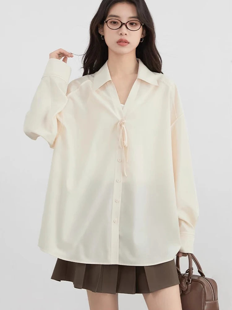 CHIC VEN Women Shirt Loose Casual Solid New Lapel Tie Design Sun Protection Blouses Long Sleeved Female Coat Summer 2025