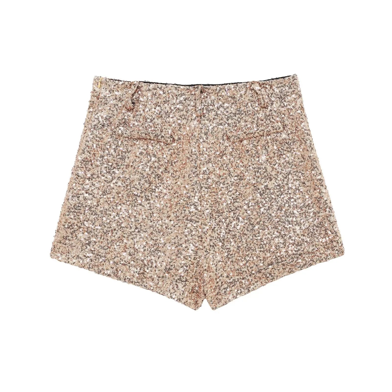 Taop&Za women's 2024 autumn and winter new pearl shorts solid color high commuting temperament shiny socialite mini pants