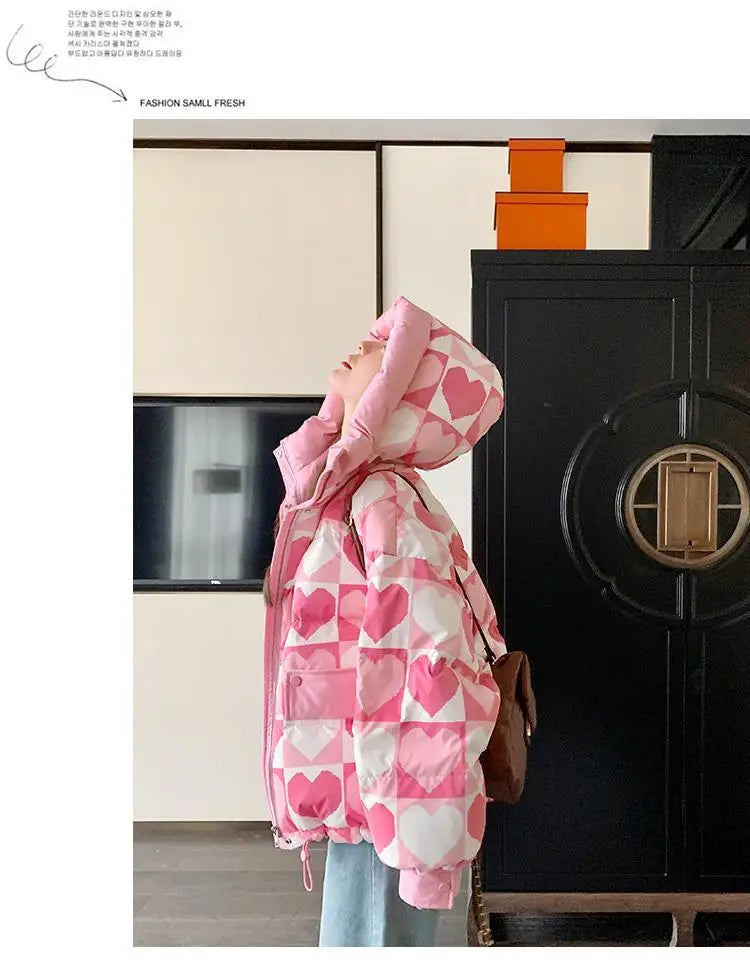 Duck Down Coat for Women, Loose and Thicken Hooded Parkas, Printed Outerwear, Female Bread Jackets, Winter Clothing, New, 2024