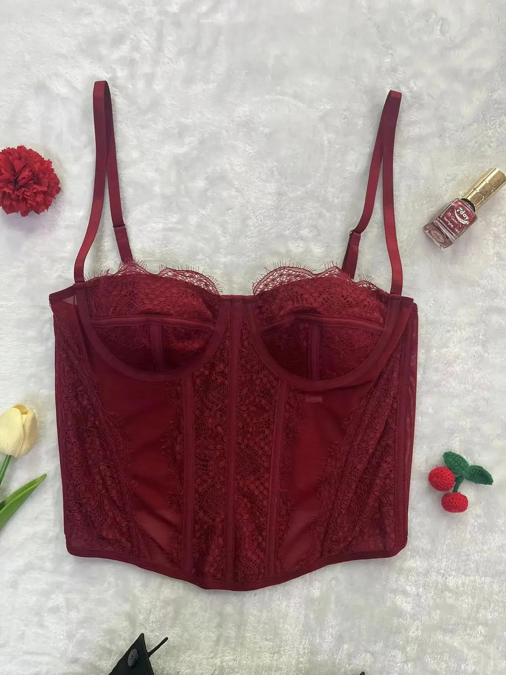 Sexy Gathered Tight Fitting Corset Top Lace Trimmed Transparent Pure Desire Tank Top Polyester Fiber Material From China Mainlan