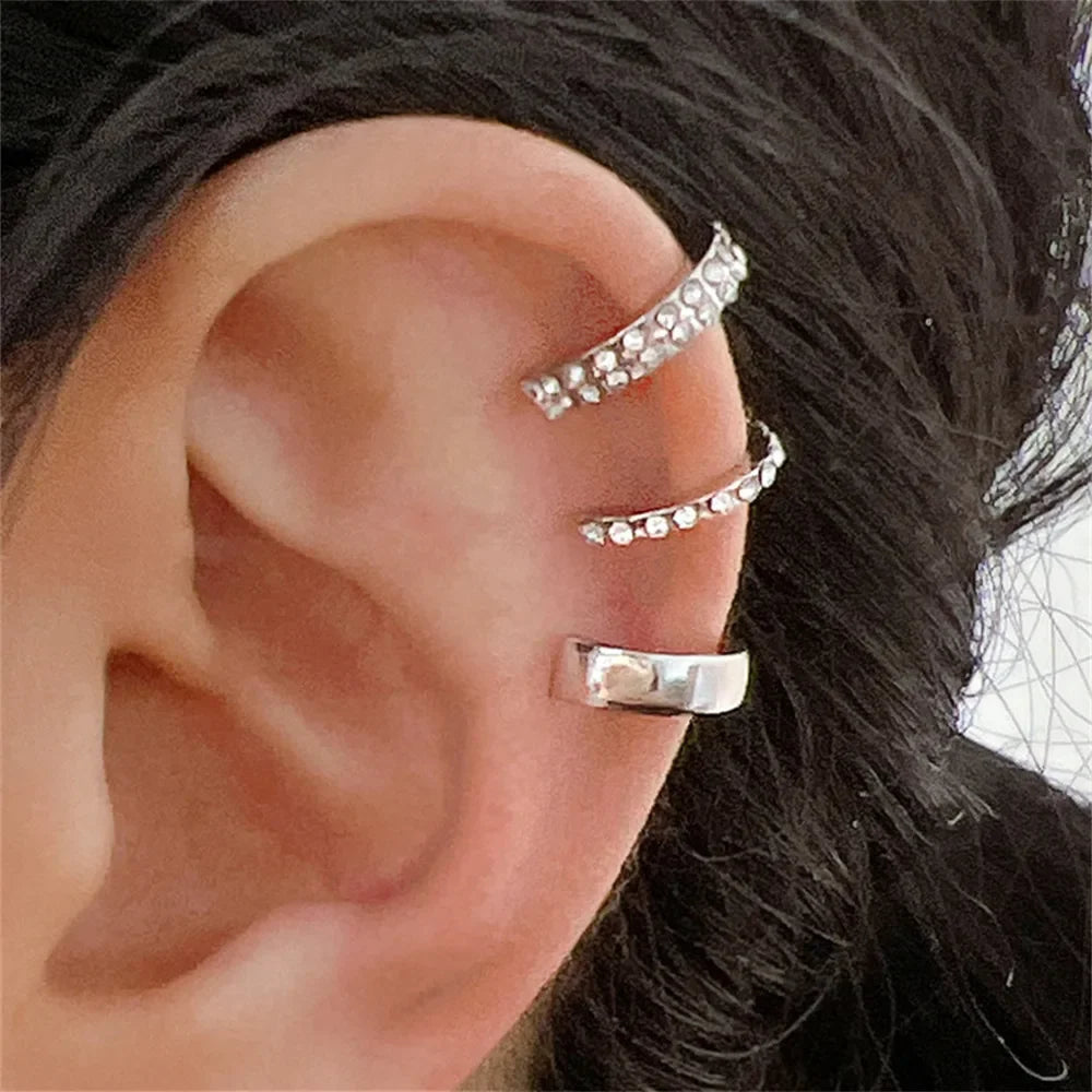 3PCS Vintage Simple Metal Crystal Ear Cuff for Women Teens Gold Color Non Piercing Fake Cartilage Clip Earrings Set Jewelry Gift
