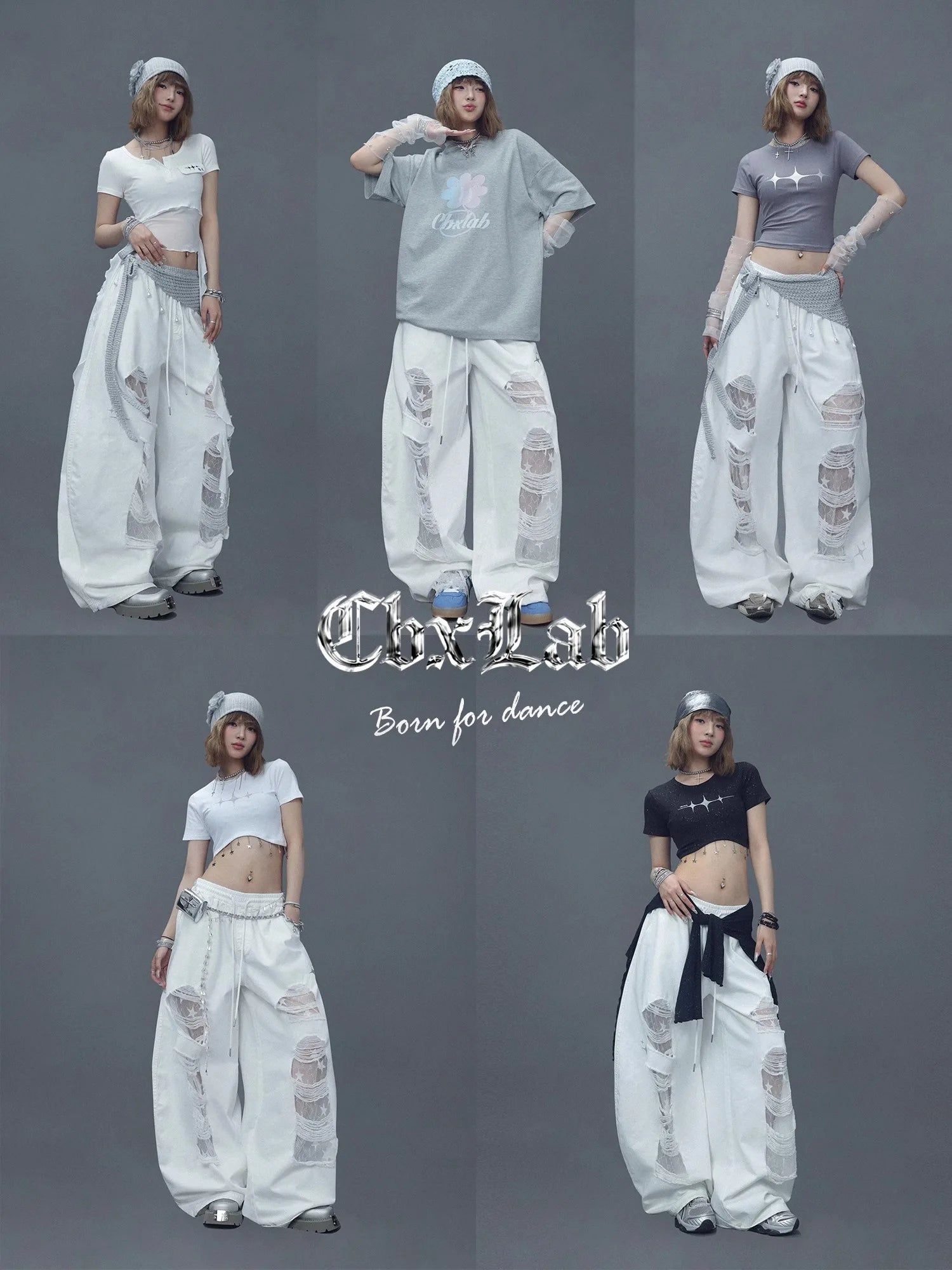 CBXLAB Street Dance Women'sWhite denim patchwork distressed dance pants with long design for jazz dancers, spicy and casual