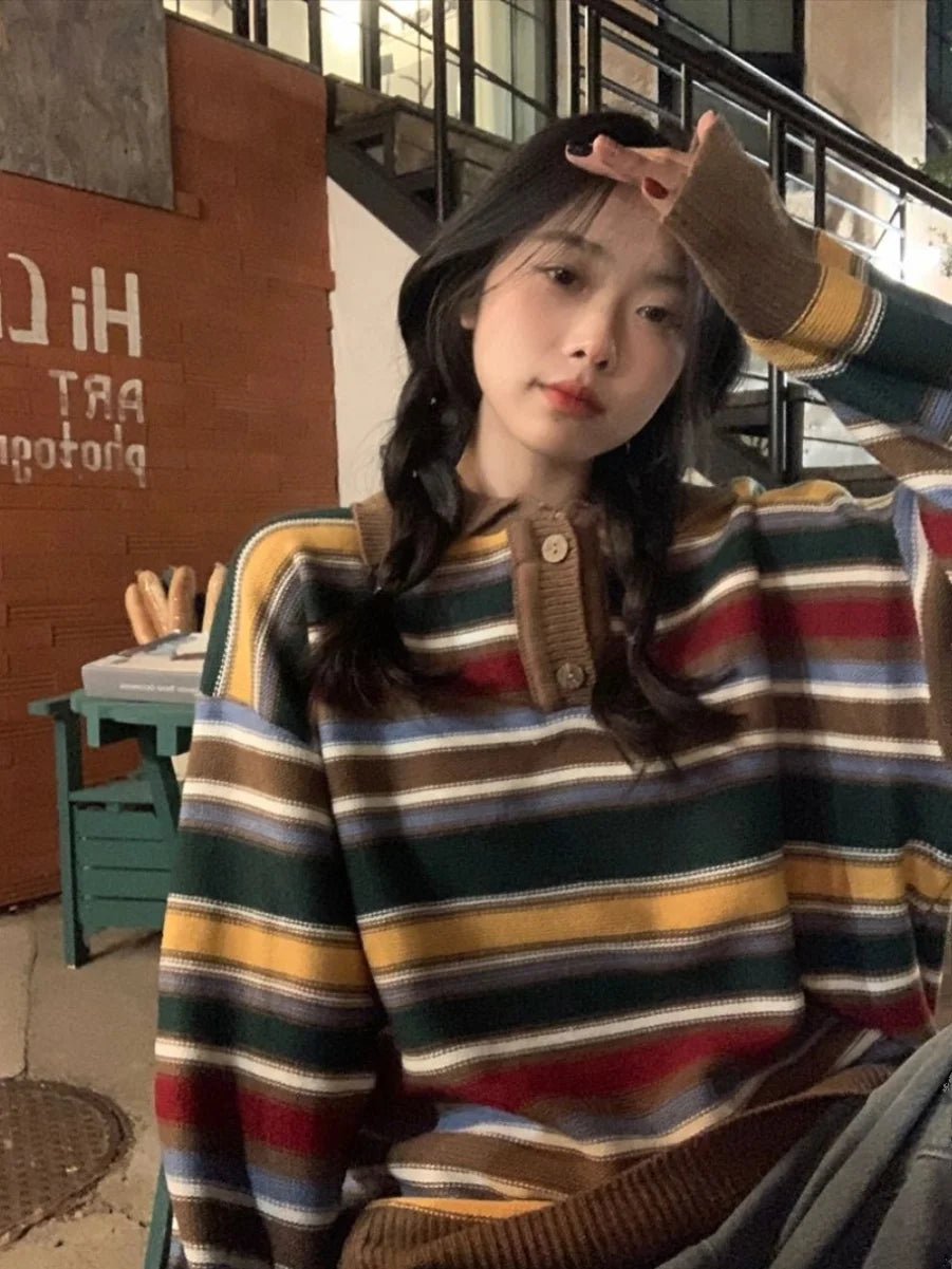 Retro Lazy Sle Women's  Ne Sweater Spring Autumn Loose  Stripes Knitted Top Comfortable Breathable Warmth