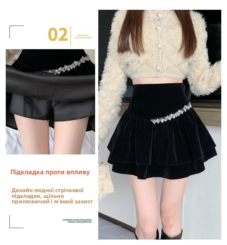 Bla Velvet Cake f Skirt Women's Autumn Winter High Waist A-Line Fluffy ort Skirt Small Size Pleated f Skirt