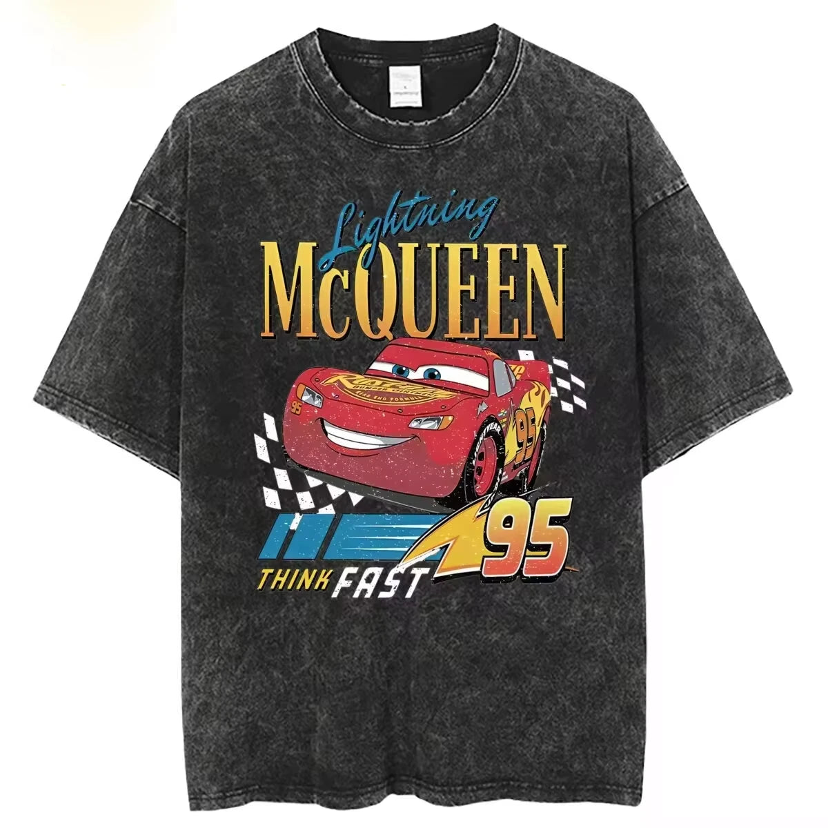 Washed T Shirts Vintage Cars 95 Lightning McQueen Hip Hop Retro T-Shirt Streetwear Short Sleeve Tops Tops Tees for Men Women