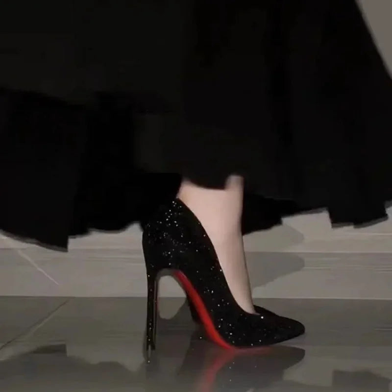 Black Pointed Toe High Heels Full of Diamonds Shiny Sequins Mid Heel Women's Shoes Spring Autumn Season Casual PU Leather