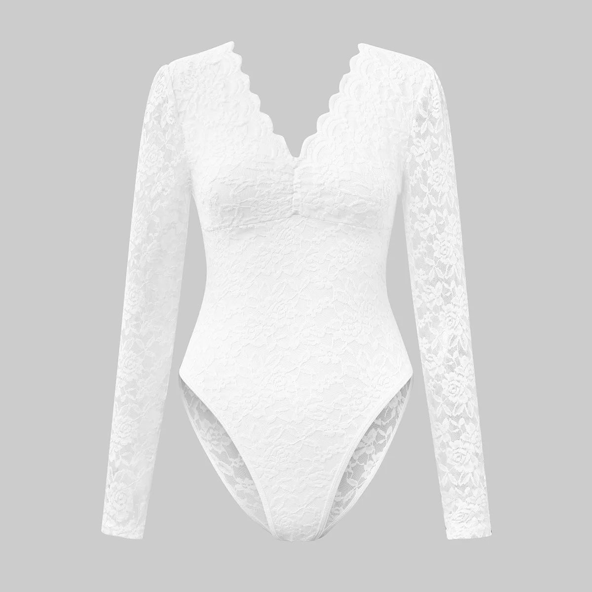 Women Elegant White Lace V-Neck Bodysuits Sexy One Piece Fitted Bodyshaper Jumpsuits Long Sleeves Shapewear Slimming Waist Tops
