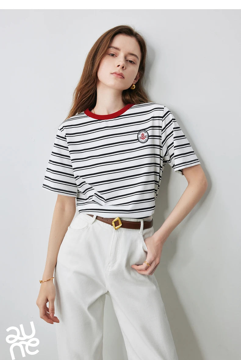 TOYOUTH Women Striped Short Sleeved T-shirt 2024 Summer New Academy Style Round Neck Top
