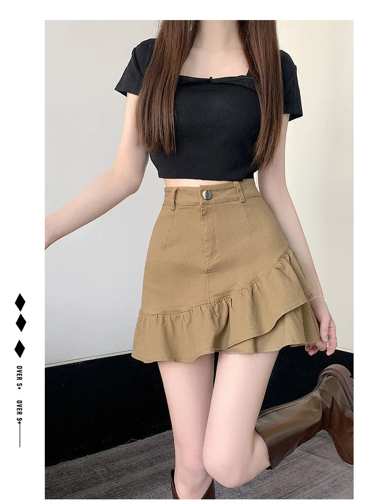 High Waist A-Line  Skirt Women's Spring Summer Denim f-length Skirts with Lace Hemline Cotton Polyester Blend