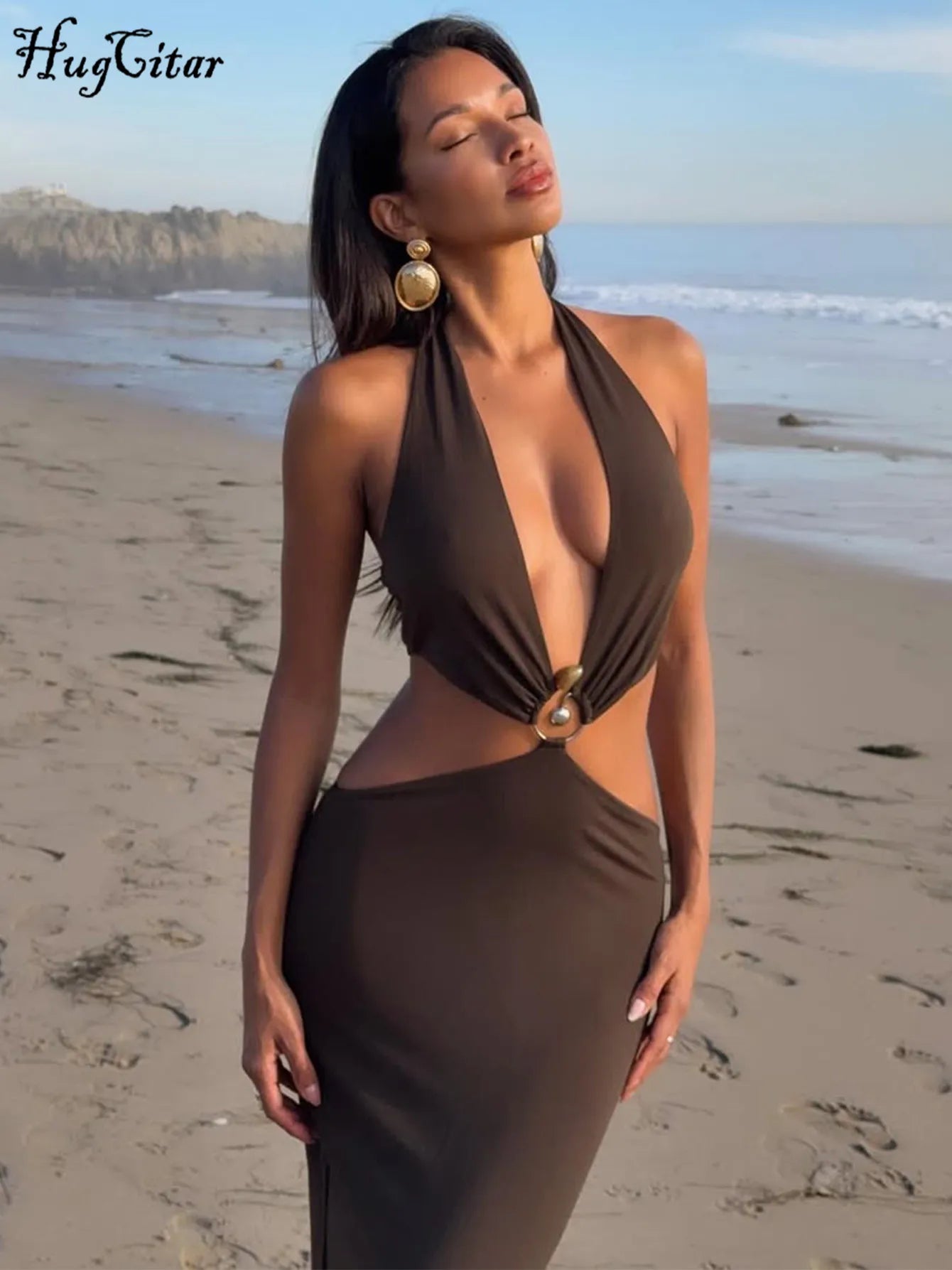 Hugcitar Women'S Fashion Halter Solid Hollow Out Backless Sexy Slit Maxi Dress 2025 Summer Clothes Beach Vacation Y2K Wholesale